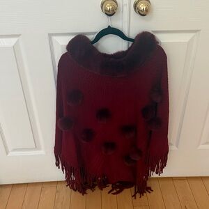 Women's Burgundy Faux Fur Trim Poncho Sweater